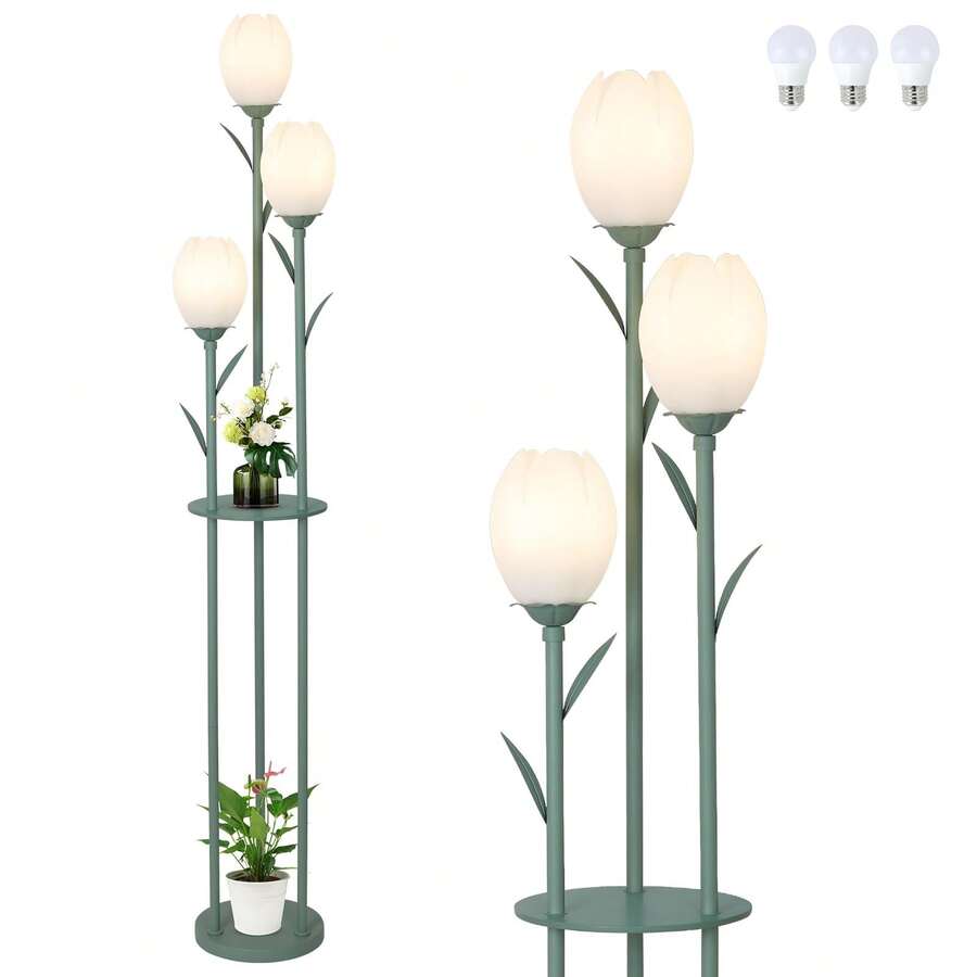 3-Light Flower Floor Lamps For Living Room, Green Floor Lamp With Shelves, Unique Tulip Standing Lamp With 3 LED Blubs, Cute Floral Tall Lamp, Modern Stand Up Light Decor For Bedroom, Kids Room - Xem 1