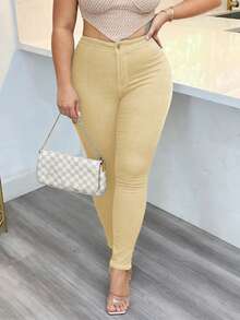 Celana Jeans Denim Stretch Slim Fit Pinggang Sedang Wanita - Saku Praktis, Kancing & Resleting, Pakaian Kasual Sehari-hari yang Penting - Khaki - View 2