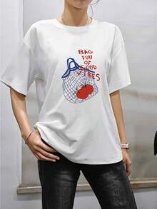 Women's Round-Neck Short-Sleeve T-Shirt, Summer New Tomato Pattern And Letter Print, Fashionable Casual Versatile Loose Top - White - View 2