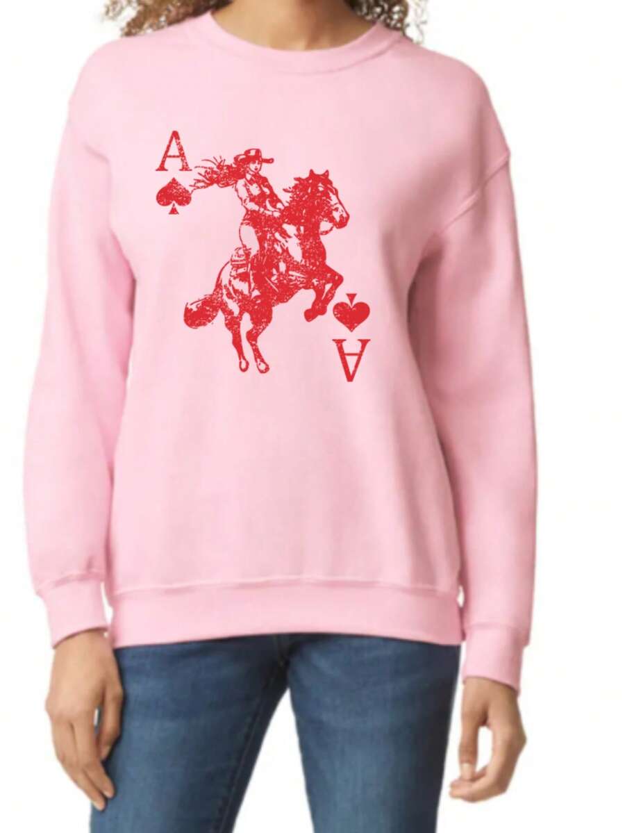 100% Cotton Cowgirl Sweatshirt, Heart Crewneck, Playing Card, Ace Shirt, Retro Western Tops, Hearts Shirt, Valentines Day, Country Cowgirls, Rodeo Top - 粉色 - 查看 1