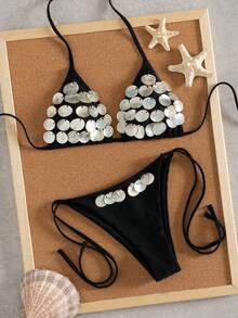 Bộ bikini nữ phong cách Y2K đính vỏ sò và đồng xu, sang trọng, lấp lánh, thích hợp cho tiệc tùng, ngày lễ, Ngày của Mẹ, đi biển, nghỉ dưỡng. - màu đen - Xem 3