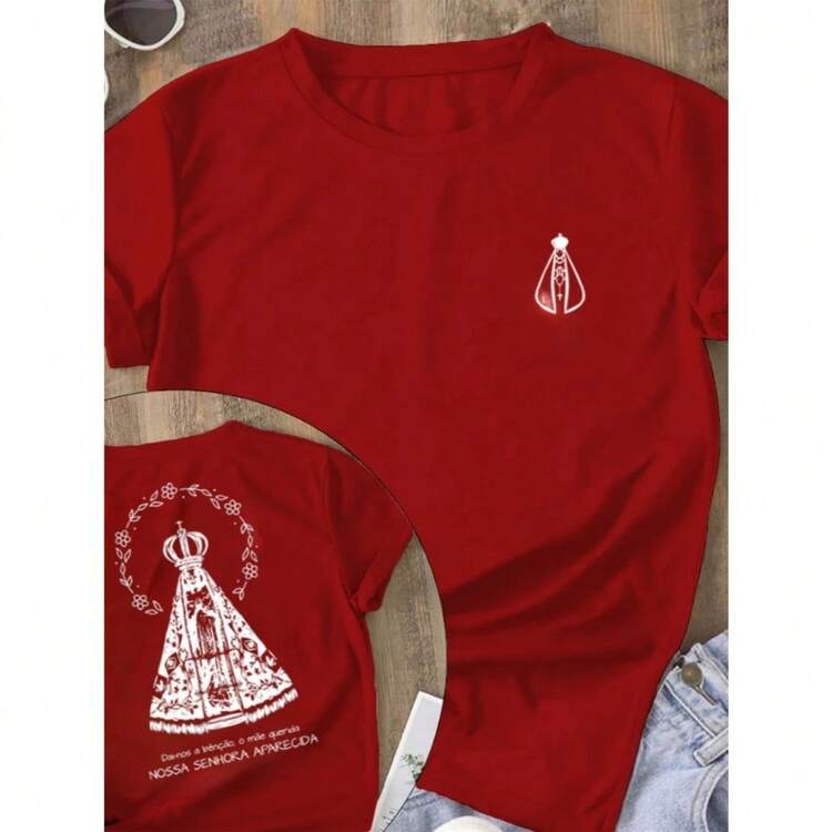 Christian T-Shirt, Printed Shirt With Our Lady Design, Blouse In Various Colors, Catholic Religious, New Release - 紅色 - 查看 1