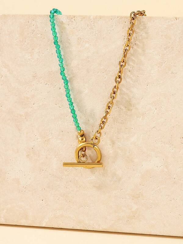 1 pieza Collar minimalista de acero inoxidable con tono dorado y cuentas verdes incrustadas, adecuado para uso diario de mujeres o como regalo