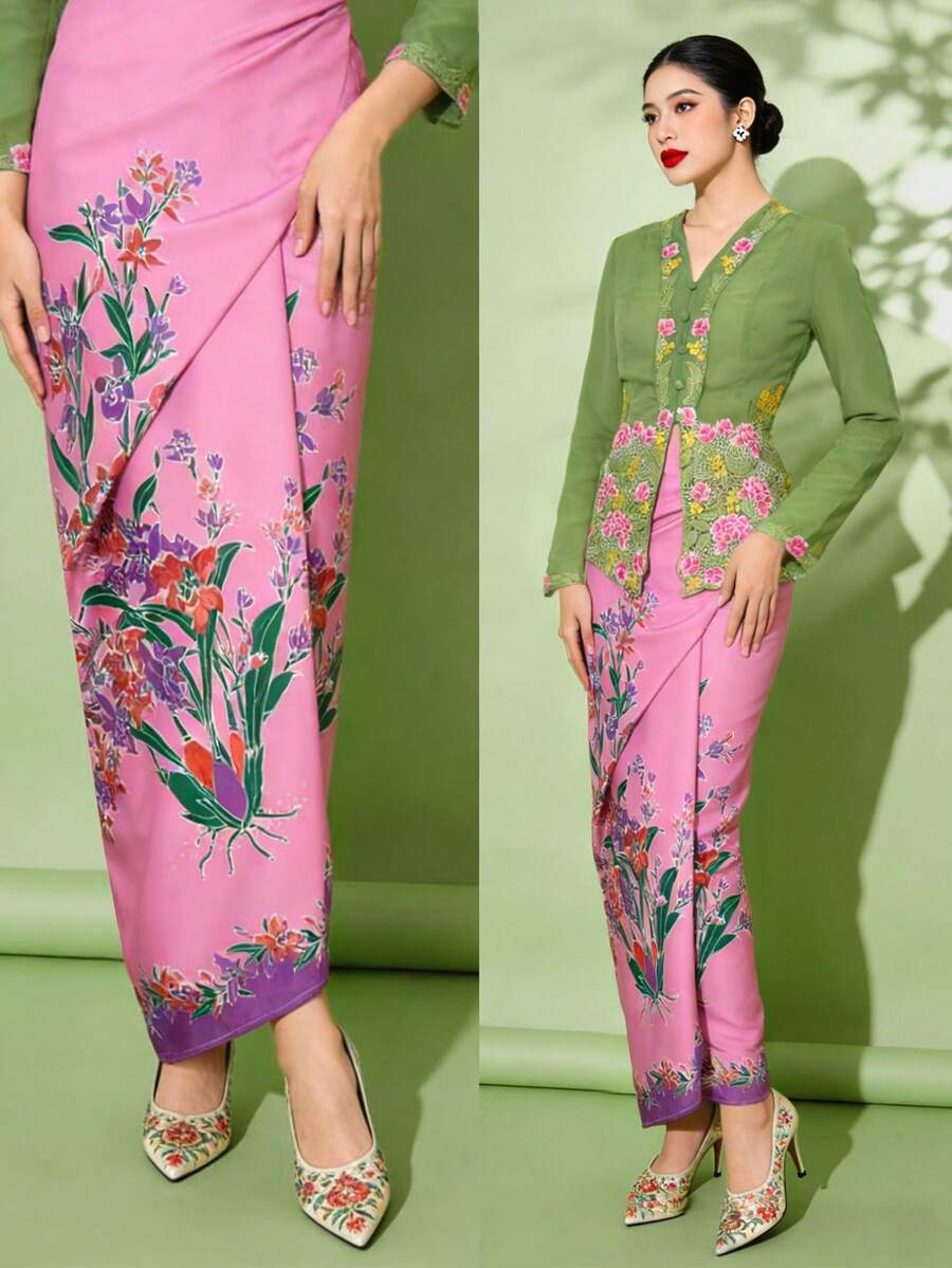 1件女士碎花优雅中长连衣裙，粉色，春夏款 - 粉色 - 查看 1