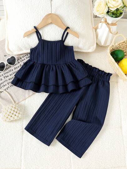 Baby Girls Summer Casual Clothes Set, Sleeveless Off-Shoulder Square Neck Camisole Top And Solid Color Pants, 2-Piece Summer Outfit