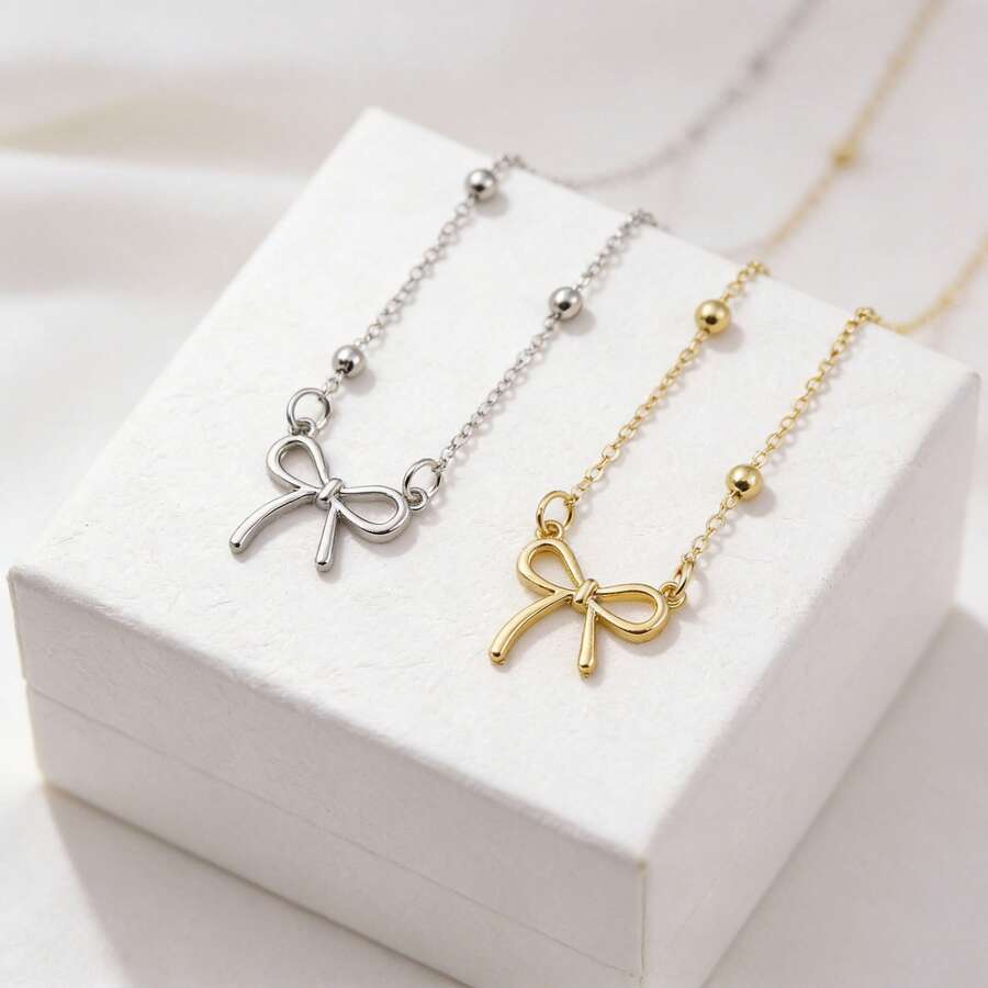 1pc Women's Vintage Minimalist Bow Pendant Necklace, Gold Chain Elegant Jewelry Suitable For Daily Wear And Parties - Multicolor - View 1