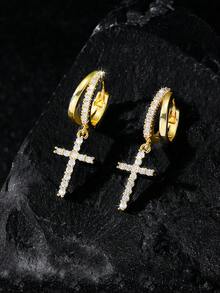 1 Pair Unisex Street Style Cross Pendant Earrings, Minimalist Smooth Surface, Fashion Double Circle Luxury Zirconia Cross Drop Earrings, Unisex Hiphop Versatile Earrings Suitable For Religious, Party, Festival And Daily Wear - Multicolor - View 8