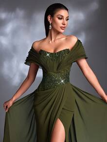 Váy dạ hội sang trọng, thanh lịch, trễ vai, thêu sequin màu xanh ô liu, xếp nếp, eo bằng vải satin, dây rút - xanh quân đội - Xem 4