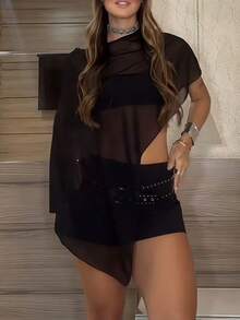 Womens Sheer Mesh Poncho Tops Solid Color Bat Sleeve Round Neck Loose Fit See Through T Shirt Crop Top Blouses Boho Chiffon Peplum Shawl Cropped Shirts Summer Beach Cover Up Going Out Tops Vacation Streetwear - 黑色 - 查看 3