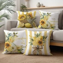 Bộ 4 vỏ gối trang trí tối giản họa tiết hoa hướng dương và chanh, in một mặt trên chất liệu nhung màu đào, kích thước 45*45/50*50/40*40CM, phù hợp với ghế sofa phong cách tối giản hiện đại, trang trí phòng khách, làm quà tặng, trang trí tiệc. - Nhiều màu - Xem 3
