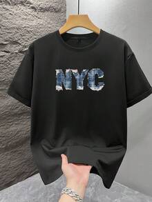GRDR 1pc Men's Fashionable Printed Loose Fit Short Sleeve T-Shirt | Exquisite Design | Summer Essential | Easy To Match | Showcase Your Style - Black - View 2