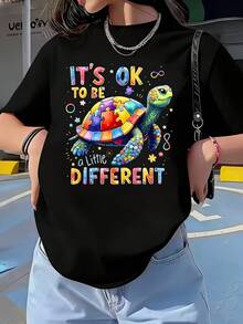 1 Pcs Autism Awareness It'S Ok To Be Different Turtle Graphic T-Shirt Women's Plus Size T-Shirt Oversized Graphic Short Sleeve Tee Novelty 100% Polyester Shirt Casual Crew Neck Top 220g - 黑色 - 查看 1
