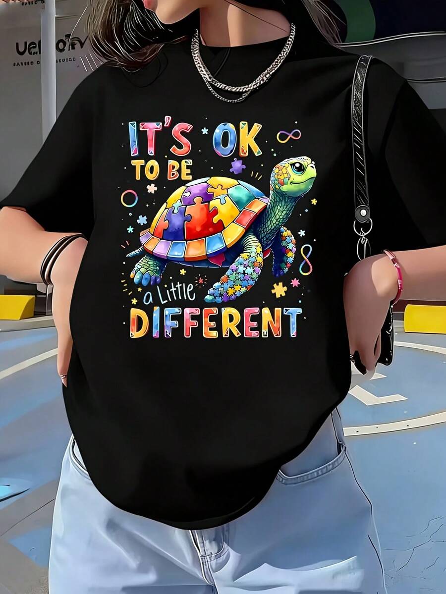1 Pcs Autism Awareness It'S Ok To Be Different Turtle Graphic T-Shirt Women's Plus Size T-Shirt Oversized Graphic Short Sleeve Tee Novelty 100% Polyester Shirt Casual Crew Neck Top 220g - 黑色 - 查看 1