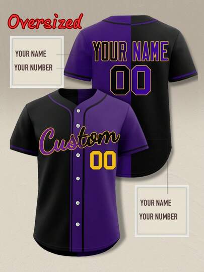 Customizable Men's Black And Purple Two-Tone Color Baseball Jerseys Plus Size, Personalized Name Number, Personalized Team Name, Free Design, Quick Delivery, Suitable For Outdoor Sports, Casual Wear, Parties