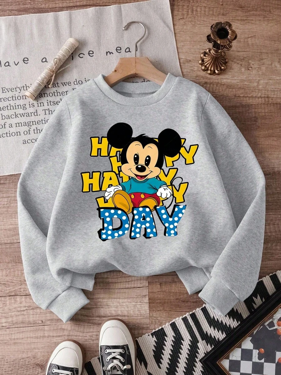 Disney Officially Licensed Kids Crewneck Sweatshirt, Heather Gray Mickey Mouse Graphic Print, 100% Polyester, Ultra Comfortable & Super Soft, Relaxed Fit, Stylish, High Visual Appeal, High Customer Return Rate, Versatile Daily Wear, Commute Essential, Disney Limited Edition Design, Unisex For Ages 1-14, Fall & Spring Casual Top, New Arrival, Express Delivery - Xám - Xem 1