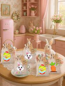 12/6/1pc 13*18cm Easter Gift Bags Printed With Colorful Bunnies, Carrots And Eggs Patterns, Bunny Cards, Drawstring Pouches, Candy Cookie Packaging, Party Favors, Suitable For Spring Theme Parties, Birthday Parties - Multicolor - View 8