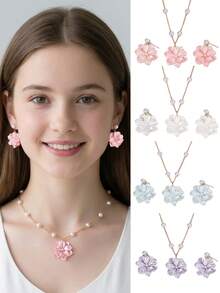 Bộ trang sức dây chuyền hoa và bông tai bằng nhựa giả ngọc trai dành cho bé gái (3 món/12 món), thích hợp để trang trí hàng ngày. - Nhiều màu - Xem 1