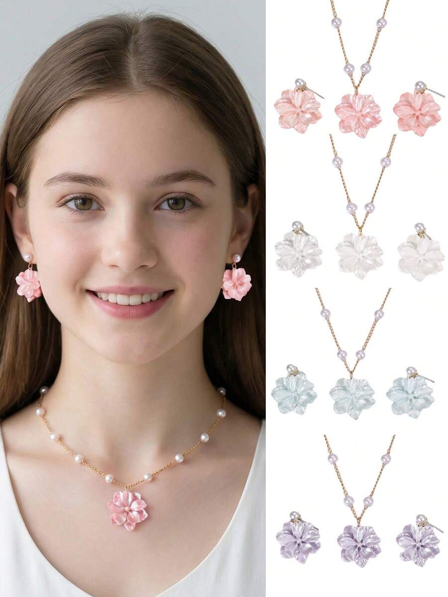 Bộ trang sức dây chuyền hoa và bông tai bằng nhựa giả ngọc trai dành cho bé gái (3 món/12 món), thích hợp để trang trí hàng ngày. - Nhiều màu - Xem 1