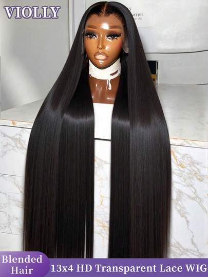 VIOLLY 34英寸 1B黑色 13x4 直发蕾丝前假发，真人发混纺，180%密度，自然黑色蕾丝前混纺真人发假发，带婴儿发，13x4高清透明蕾丝前片，女士款，预先拔毛，自然发际线