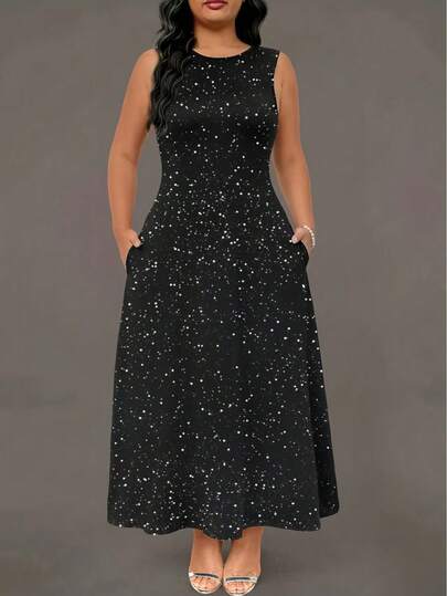 大码星空无袖连衣裙，带闪亮口袋，正式晚礼服，度假优雅黑色夏季