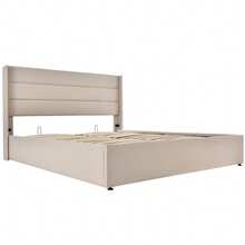 Storage Bed, Upholstered Bed, Hydraulic Double Bed, Dimensions 140x200 Cm. Mattress Included, Wooden Shelf. With Metal Frame. Linen, Grey, Beige. - Beige - View 7