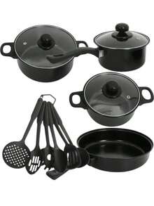 13-Piece Set Of Pots And Kitchen Utensils. - Black - View 2