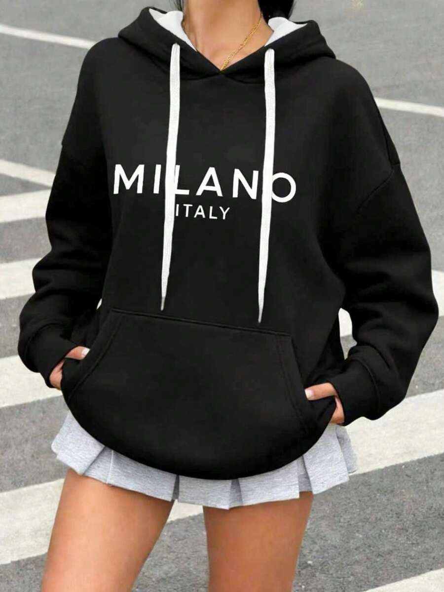 Plus Size Spring Women's Fashion Letter Print, Drawstring Pocket Sweatshirt, Outdoor Leisure Sports Sweatshirt