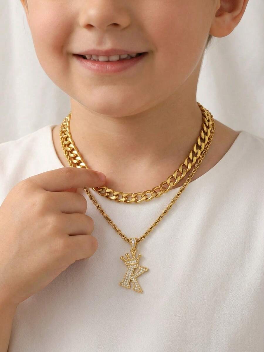 2pcs/Set Fashion Classic Gold Copper Set Zirconia 26 Letter Pendant Necklace Chain Necklace Double Layer Stacked Necklace Free Matching Festival Party Jewelry Accessories - Gold - View 1