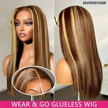 即戴即用无胶假发，真人前额发丝，预先拔毛，预先剪裁，5x5直发蕾丝前假发，混合发质，女士无胶假发，高清蕾丝前闭合，即戴即用假发，200%密度，28英寸，4/27蜂蜜金 - S4/27 - 查看 2