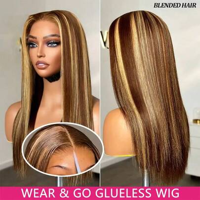 即戴即用无胶假发，真人前额发丝，预先拔毛，预先剪裁，5x5直发蕾丝前假发，混合发质，女士无胶假发，高清蕾丝前闭合，即戴即用假发，200%密度，28英寸，4/27蜂蜜金