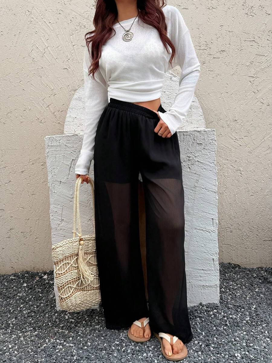 Women's Long Loose Sheer Chiffon Pants, Elastic Waist, Non-Stretch - Black - View 1