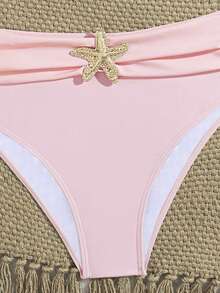 Conjunto de bikini casual de playa sin espalda de unicolor, decorado con un patrón de estrella de mar, hecho de tela de alta elasticidad, cómodo de usar para vacaciones de verano - rosa claro - Ver 4