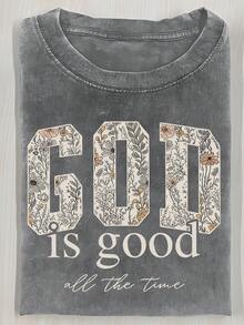 2026 Washed Cotton, GOD Floral Printed T-Shirt, High-Quality Batik Cotton Retro Fashion Brand T-Shirt, Women's T-Shirt, Women's Autumn T-Shirt, Halloween Christmas Gift, Holiday Gift, White Tops, Valentine's Day Outfit, Mardi Gras, Summer Tops,   For Women, Valentine's Day Outfits For Women, Women's Tops, Fairycore, , Elegant Women's Outfits - 寶藍色 - 查看 8