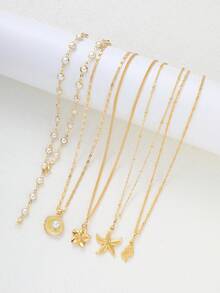 5件套时尚简约优雅仿珍珠海星花朵贝壳吊坠Y型项链套装，适合女性度假、派对、节日、生日、日常佩戴 - 金黃色 - 查看 6