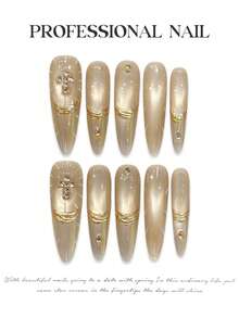 10Pcs Light Gold Gradient Cross Pattern Artificial Nails For Wedding Party And Daily Wear - Gold - View 5