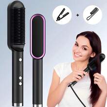 Alisador y rizador de cabello 2 en 1, cepillo de peinado con calentamiento rápido, temperatura ajustable, diseño anti-quemaduras, fácil peinado, diseñado para mujeres, adecuado para peinados femeninos, regalo para vacaciones, regalo del Día de la Madre - Ver 2