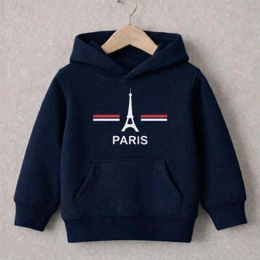 Children's And Youth Sweatshirt With PARIS AND TOWER Print, Fleece-Lined Kangaroo Sweatshirt With Pockets, Premium Cotton 2026 For Boys And Girls - 藏蓝色 - 查看 1