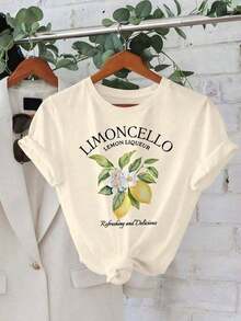 Camiseta Feminina Blusa T-Shirt Estampada Limoncello Fruta Limão de Verão com Manga Curta, Gola Redonda 100% Algodão - Caqui - Visão 3