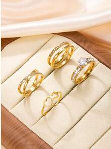 Set de 4 anillos de acero inoxidable con diseños de corazón, diamante de imitación, cruzados y de doble capa, ideales para uso diario de mujeres o como regalo del Día de San Valentín - anillo - Ver 15