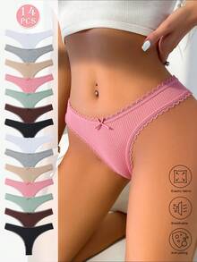 14 Pcs Sexy Multicolor Cotton Ribbon Women's Pants,Lace Decoration,Lace Splice Women's Underwear,Low Waist Sexy Women's Ties,Simple And Comfortable T Pants For Women Solid Color Bikini Pants - 彩色 - 查看 4