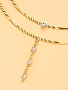 1pc Gold Geometric Double-Layer Necklace, European And American High-End Design Rhinestone Pendant Choker Necklace - Double Layer - View 3