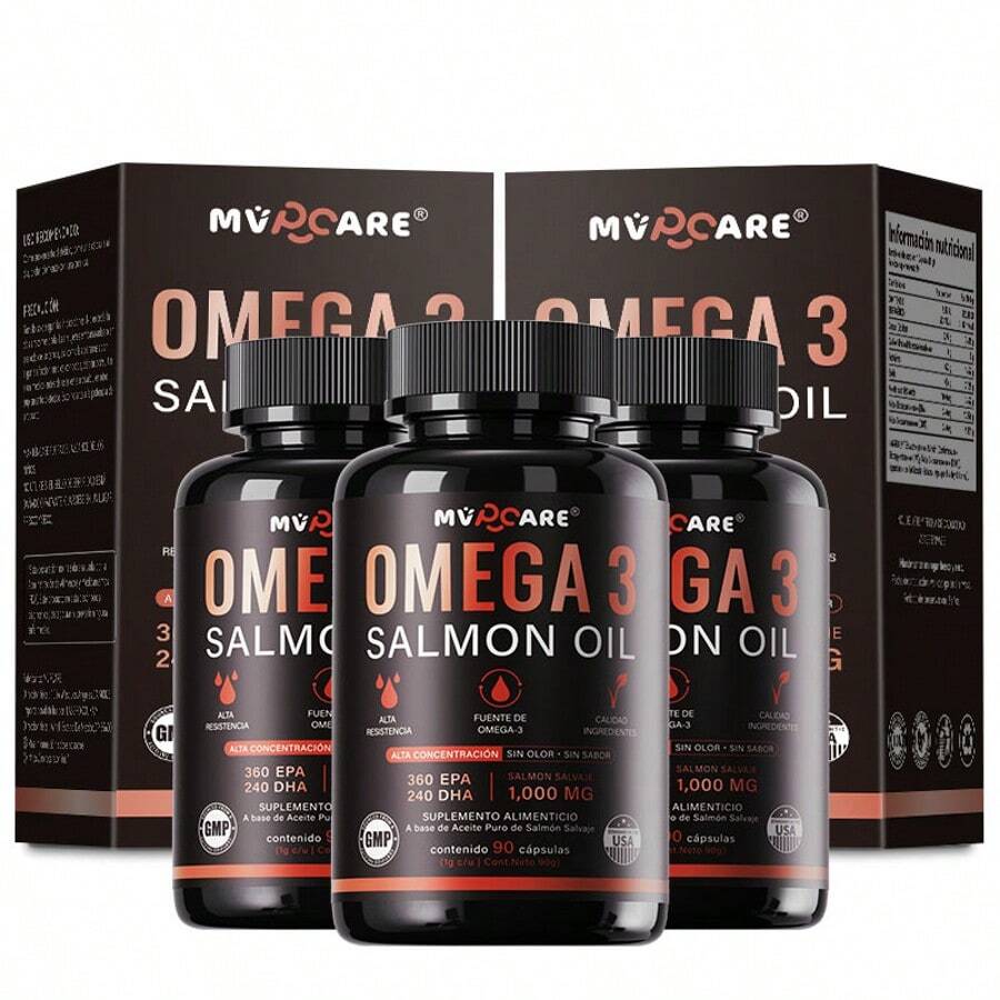 Omega 3-1280mg por Cápsula - Aceite de Salmon - EPA y DHA - 90 Cápsulas para 3 Meses - Omega-3 - Fish Oil Salmon Oil - Tres botellas - Ver 1