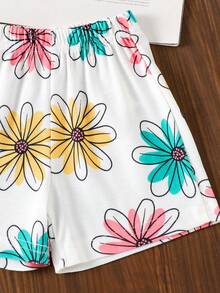 2件套女婴休闲雏菊印花短袖上衣和松紧腰短裤套装，夏季 - 白色 - 查看 6
