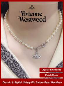 Vivienne Westwood 1PC Lucrece Collection Saturn Pin Pearl Necklace Silver, Brass, Rhinestone Embellished - Silver - View 1