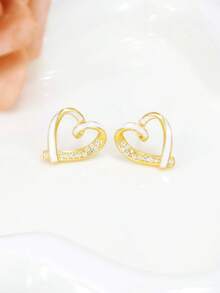 925 Sterling Silver Cubic Zirconia Heart Stud Earrings, Delicate Minimalist Earrings, Classic Daily Wear Earrings, Birthday Gift - Yellow Gold - View 4
