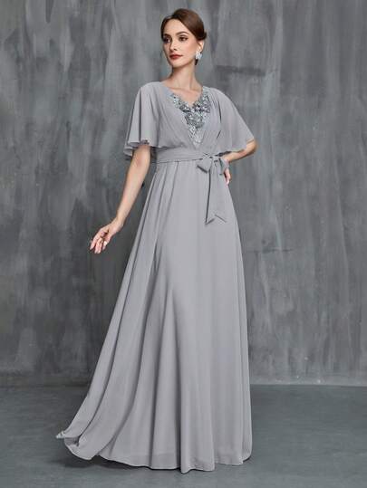 Faeriesty Elegante vestido de noche de gasa con escote en V, vestido de fiesta largo con aplicaciones de encaje floral, mangas con volantes y cinturón de lazo en la cintura