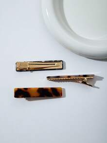 Set de 3 pinzas para el cabello de aleación de hierro cuadradas de 6 cm con estampado de leopardo, adecuadas para uso diario - Multicolor - Ver 3