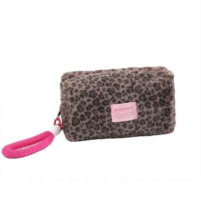 INS Leopard Print Plush Storage Bag Pen Bag Portable Pencil Case Students Stationery Pouch Multi Functional Makeup Bag Cosmetic Bag
