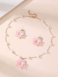 Bộ trang sức dây chuyền hoa và bông tai bằng nhựa giả ngọc trai dành cho bé gái (3 món/12 món), thích hợp để trang trí hàng ngày. - Nhiều màu - Xem 5