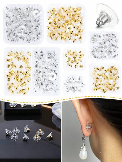 Cierres de pendientes, cierres de pendientes de oro y plata para hacer joyas, topes de goma suaves e invisibles para reemplazar los cierres de pendientes de botón, aro y gancho
